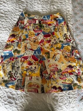 Vintage Style Liz Claiborne Linen Skirt Petite 10P Paris Market Print Café Scene